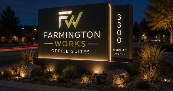 Illuminated monument sign at dusk